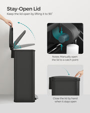 Large 40L Black Steel Kitchen Bin with Soft Close Lid and 15 Liner Bags by Songmics