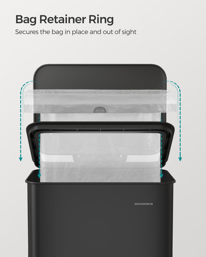 Large 40L Black Steel Kitchen Bin with Soft Close Lid and 15 Liner Bags by Songmics