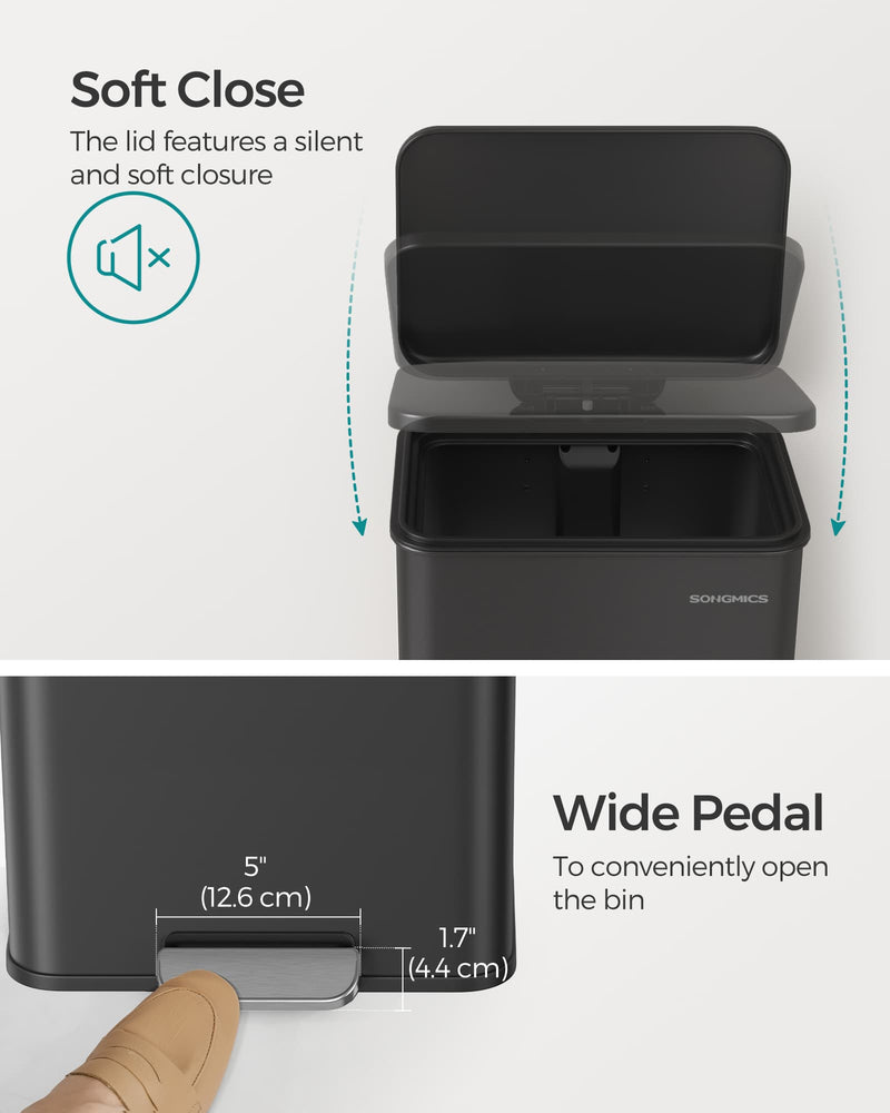 Large 40L Black Steel Kitchen Bin with Soft Close Lid and 15 Liner Bags by Songmics