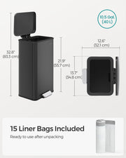Large 40L Black Steel Kitchen Bin with Soft Close Lid and 15 Liner Bags by Songmics