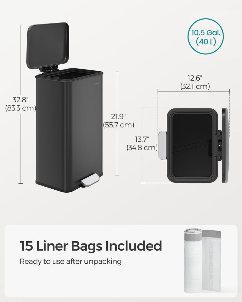 Large 40L Black Steel Kitchen Bin with Soft Close Lid and 15 Liner Bags by Songmics