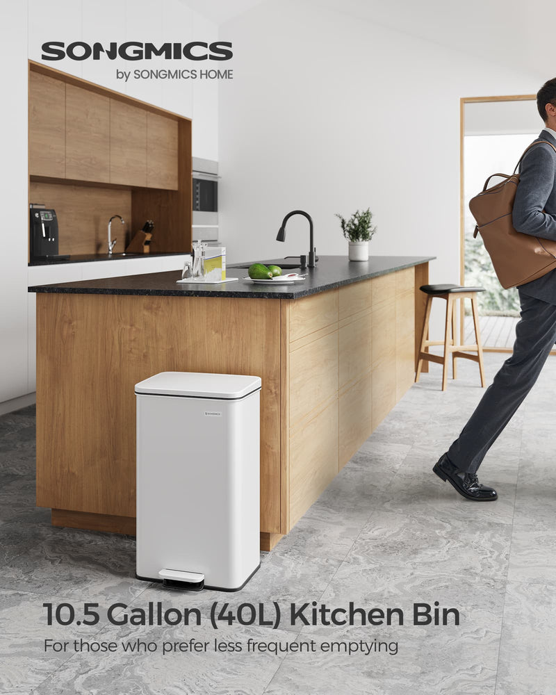 40L White Steel Kitchen Bin with Soft Close Lid and 15 Liner Bags by Songmics