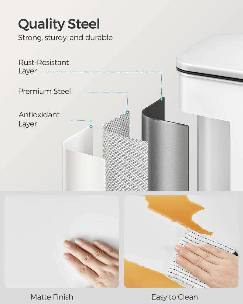 40L White Steel Kitchen Bin with Soft Close Lid and 15 Liner Bags by Songmics