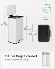 40L White Steel Kitchen Bin with Soft Close Lid and 15 Liner Bags by Songmics