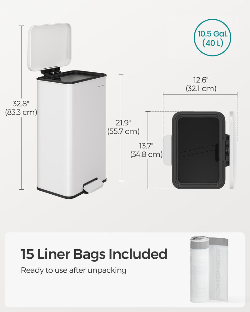 40L White Steel Kitchen Bin with Soft Close Lid and 15 Liner Bags by Songmics