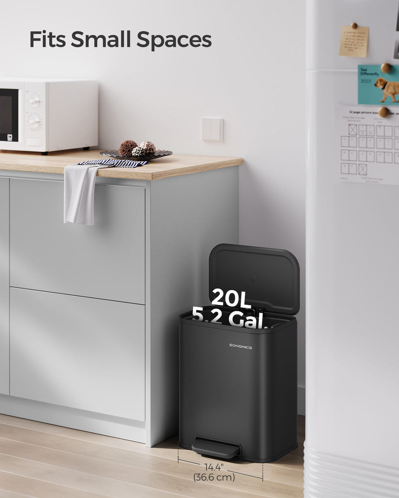 20L Black Kitchen Bin with Wide Non Slip Pedal and Soft Close Lid by Songmics