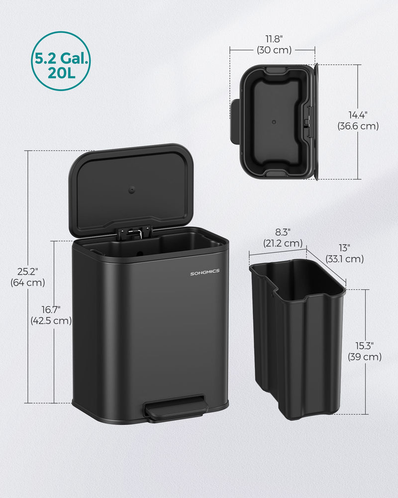 20L Black Kitchen Bin with Wide Non Slip Pedal and Soft Close Lid by Songmics