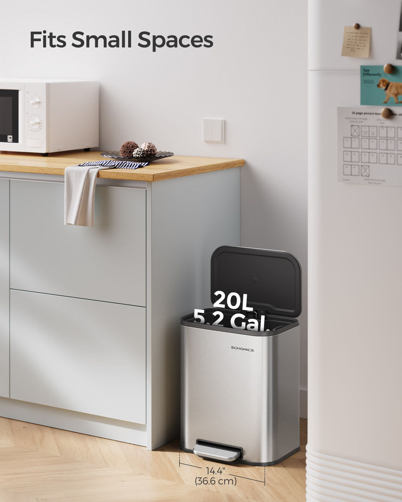 20L Metallic Silver Kitchen Bin with Non Slip Pedal and Soft Close Lid by Songmics