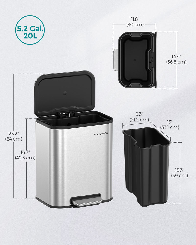 20L Metallic Silver Kitchen Bin with Non Slip Pedal and Soft Close Lid by Songmics