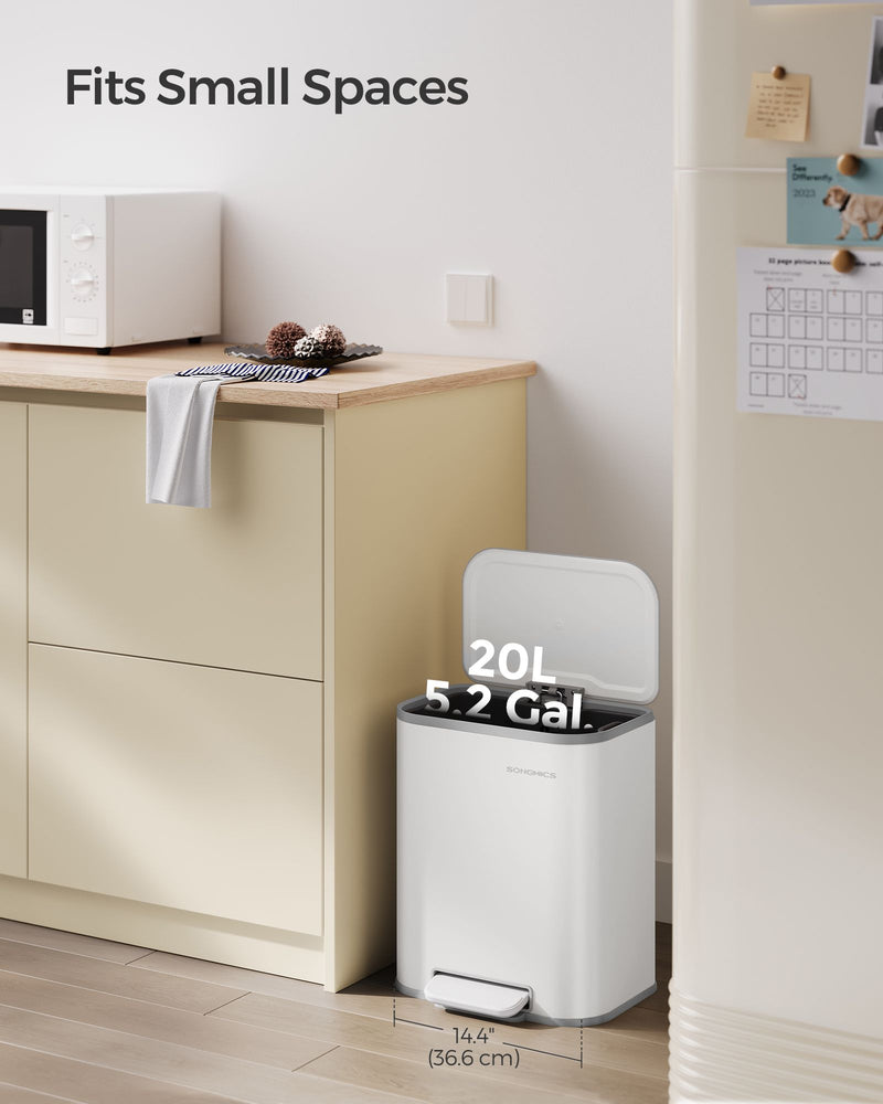 20L White Kitchen Bin with Wide Non Slip Pedal and Soft Close Lid by Songmics