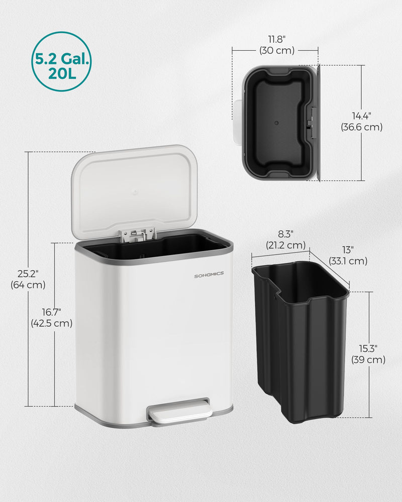 20L White Kitchen Bin with Wide Non Slip Pedal and Soft Close Lid by Songmics