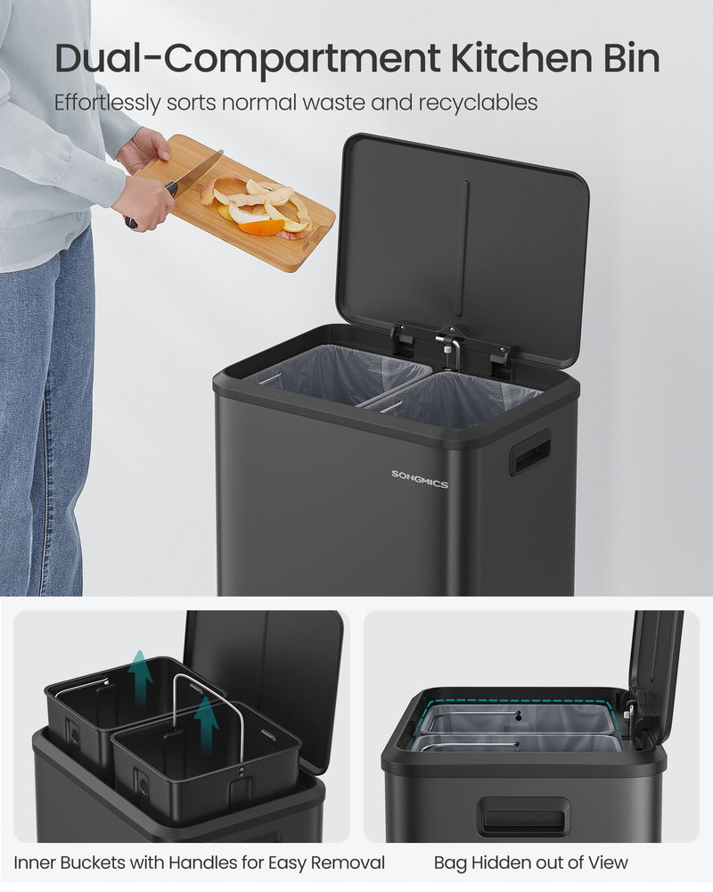 Double Recycling and Waste Bin in Ink Black with Dual Compartments by Songmics