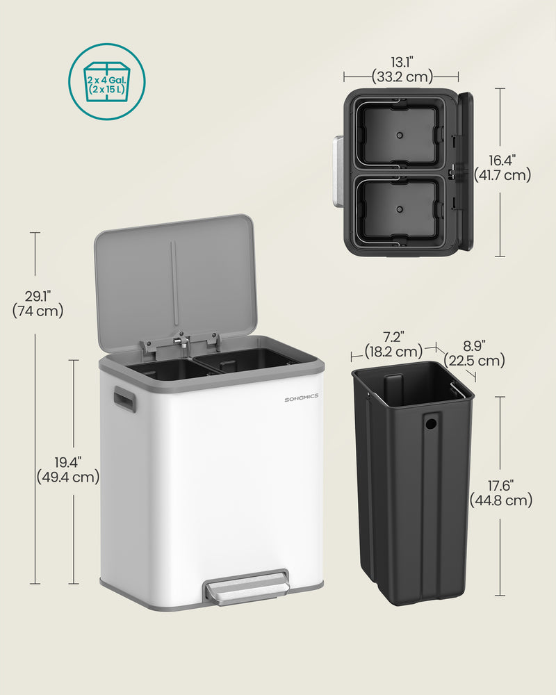 Double Recycling and Waste Bin in Cloud White with Dual Compartments by Songmics