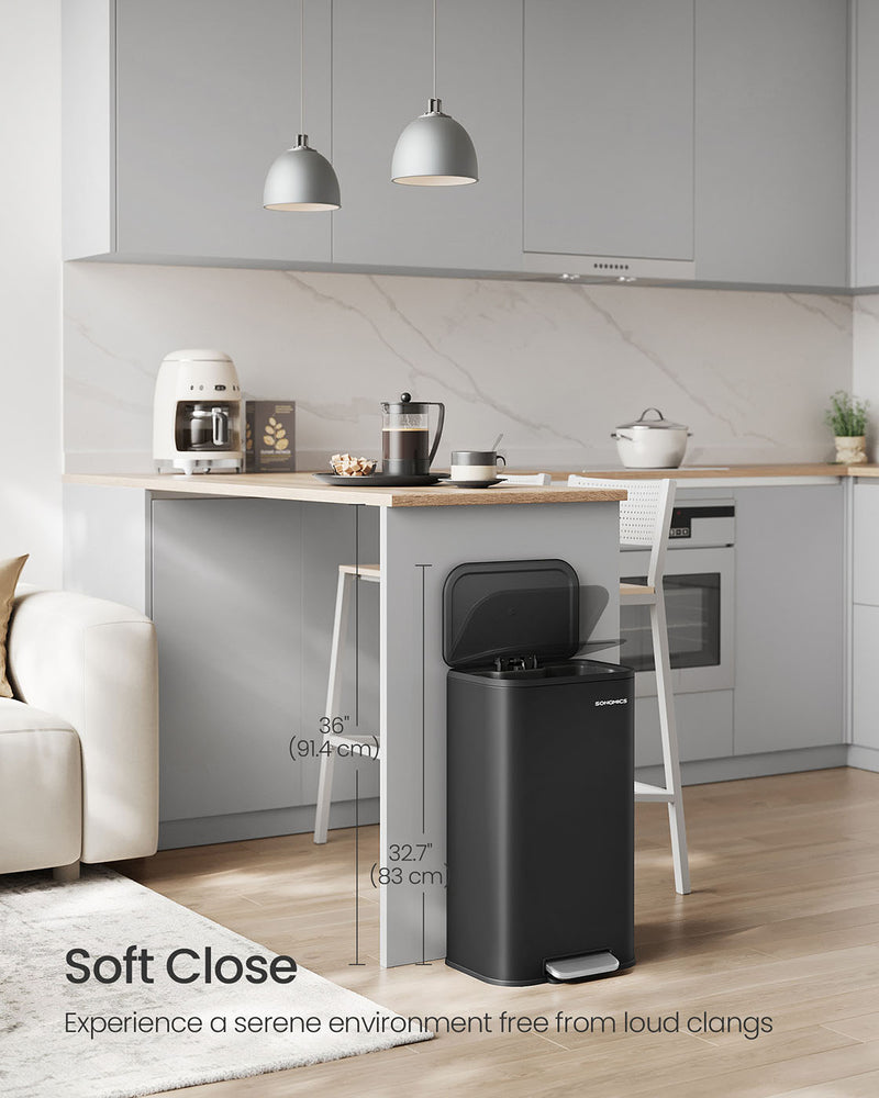 30L Black Kitchen Bin with Soft Close Lid and Non Slip Pedal by Songmics