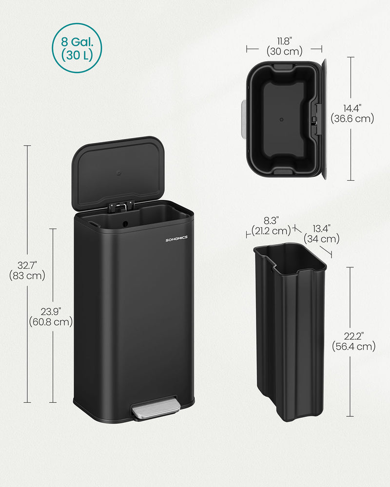 30L Black Kitchen Bin with Soft Close Lid and Non Slip Pedal by Songmics