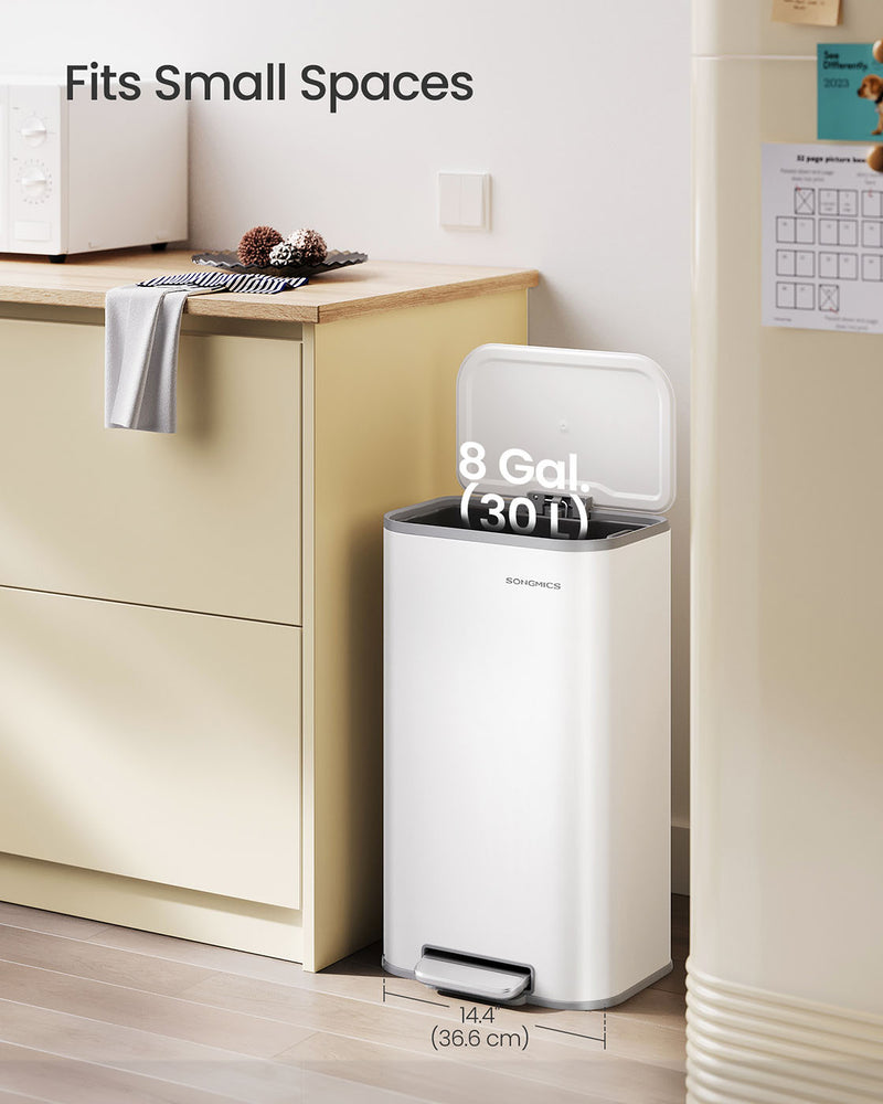 30L Cloud White Kitchen Bin with Soft Close Lid and Non Slip Pedal by Songmics