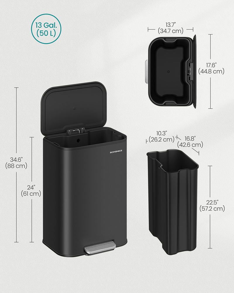 50L Black Kitchen Bin with Soft Close Lid and Non Slip Pedal by Songmics