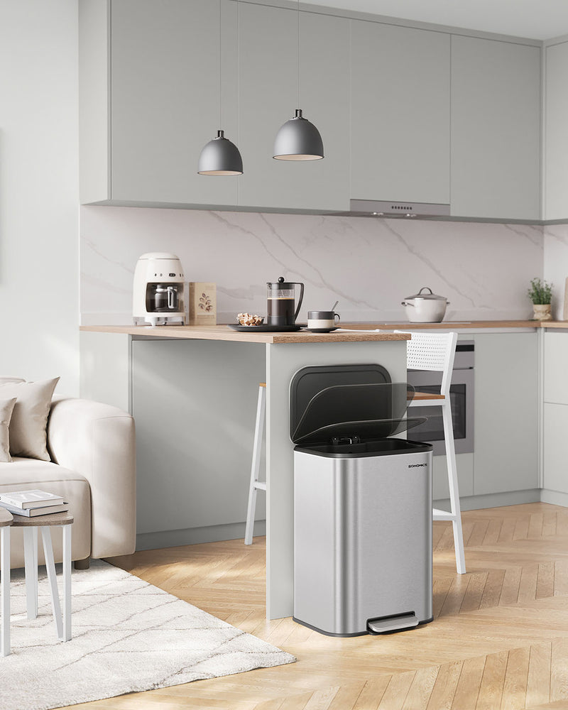 50L Metallic Silver Kitchen Bin with Soft Close Lid and Non Slip Pedal by Songmics