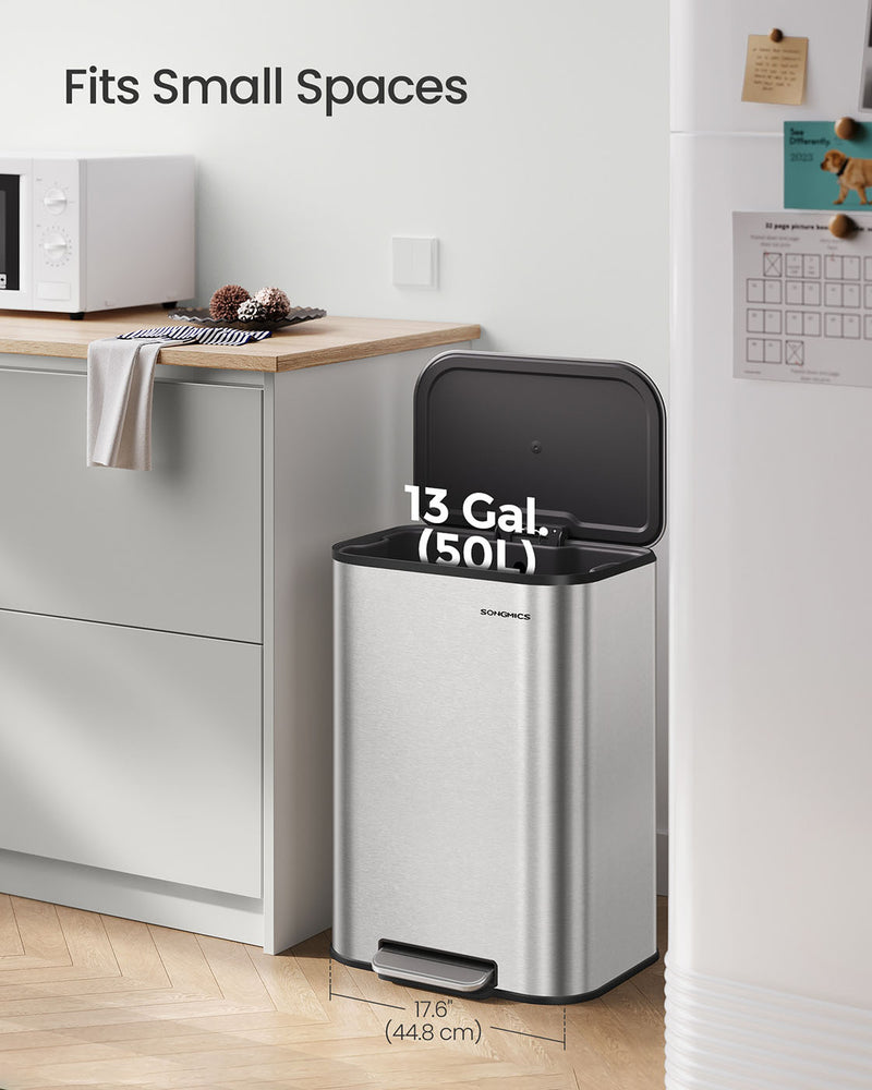 50L Metallic Silver Kitchen Bin with Soft Close Lid and Non Slip Pedal by Songmics