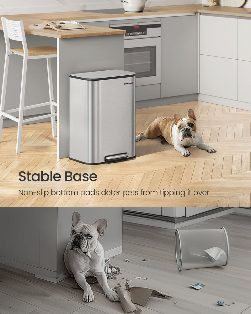 50L Metallic Silver Kitchen Bin with Soft Close Lid and Non Slip Pedal by Songmics