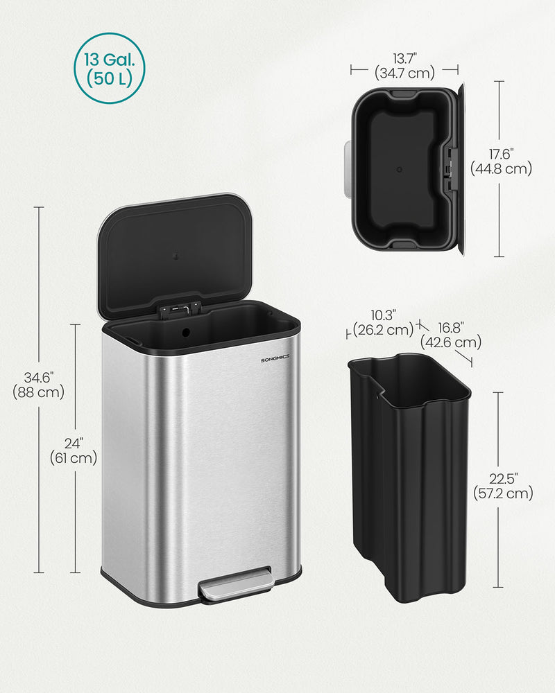 50L Metallic Silver Kitchen Bin with Soft Close Lid and Non Slip Pedal by Songmics