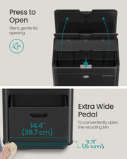 Black 3 Compartment Rubbish Bin for General Waste with Pedal Lids by Songmics