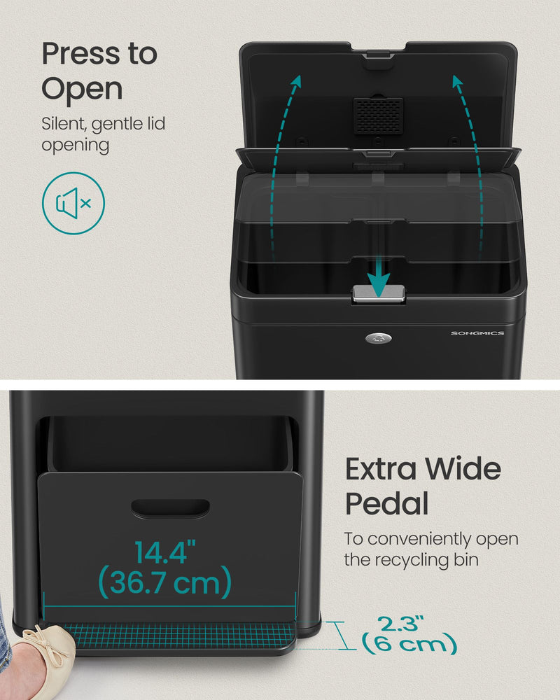 Black 3 Compartment Rubbish Bin for General Waste with Pedal Lids by Songmics