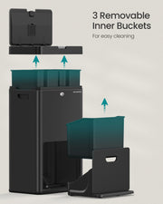 Black 3 Compartment Rubbish Bin for General Waste with Pedal Lids by Songmics