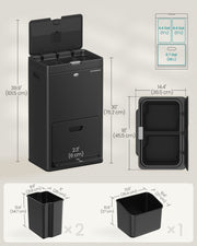 Black 3 Compartment Rubbish Bin for General Waste with Pedal Lids by Songmics