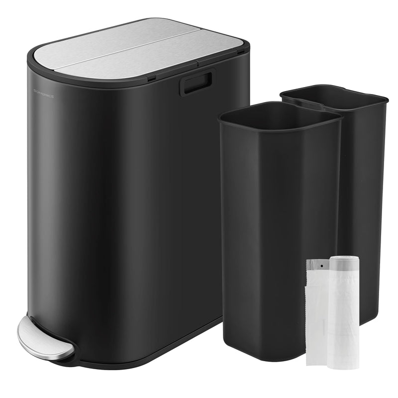 Dual compartment bin with wing lids open showing both sections