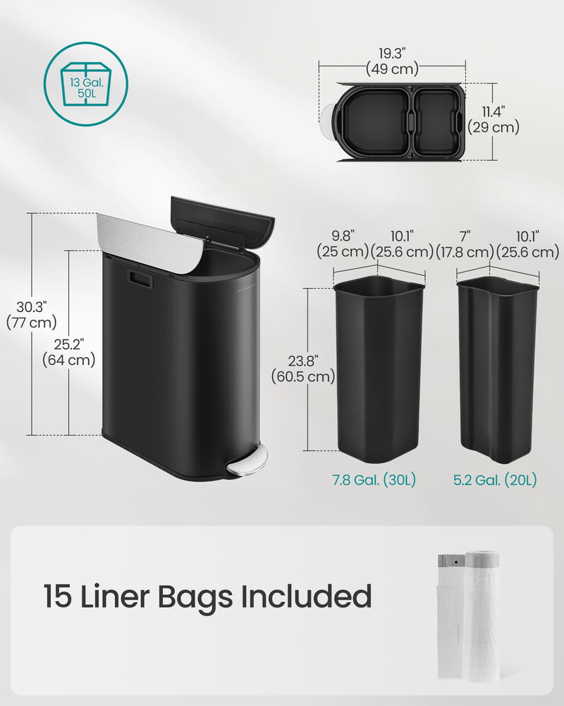 Double Kitchen Bin 30L and 20L Duo with Soft Close in Black and Silver by Songmics