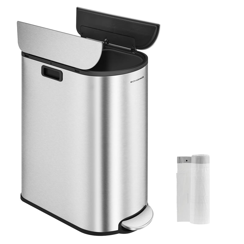 30L and 20L Dual Compartment Kitchen Recycling Bin in Metallic Silver by Songmics