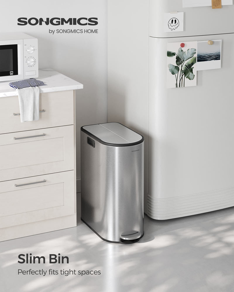30L and 20L Dual Compartment Kitchen Recycling Bin in Metallic Silver by Songmics