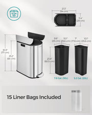 30L and 20L Dual Compartment Kitchen Recycling Bin in Metallic Silver by Songmics
