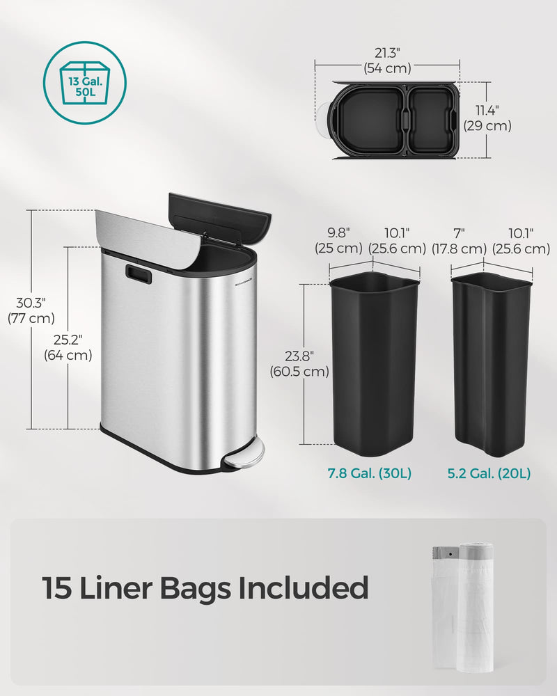 30L and 20L Dual Compartment Kitchen Recycling Bin in Metallic Silver by Songmics