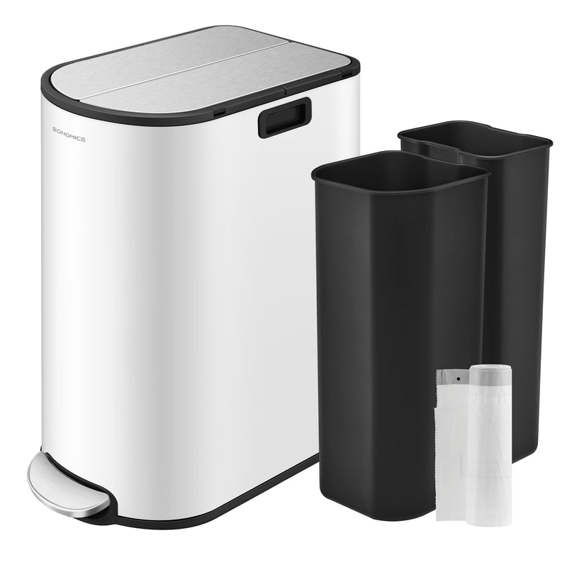 Double Kitchen Recycling Bin 30L and 20L in White and Silver Space Saving Design by Songmics