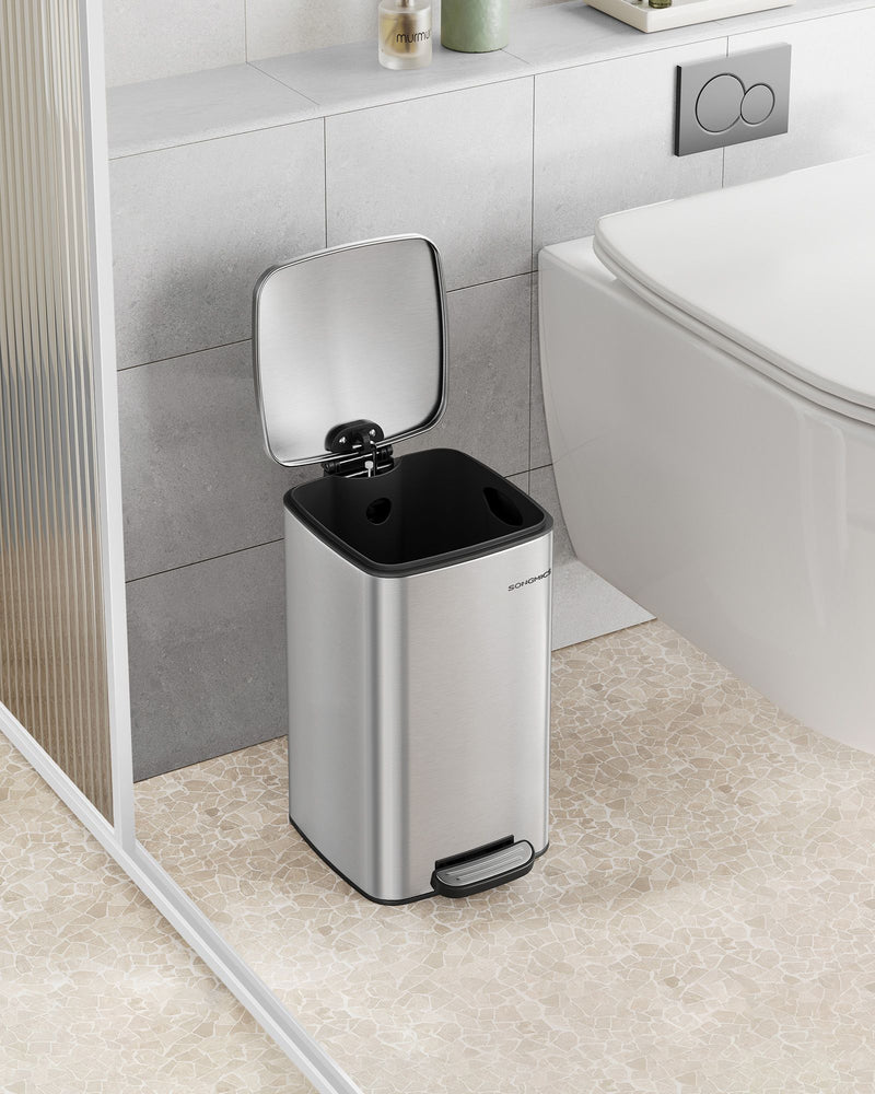 8L Pedal Bin in Metallic Silver Space Saving Rubbish Bin for Bathroom or Kitchen by Songmics
