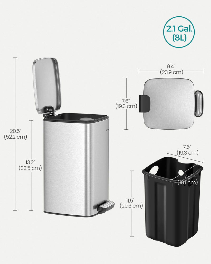 8L Pedal Bin in Metallic Silver Space Saving Rubbish Bin for Bathroom or Kitchen by Songmics