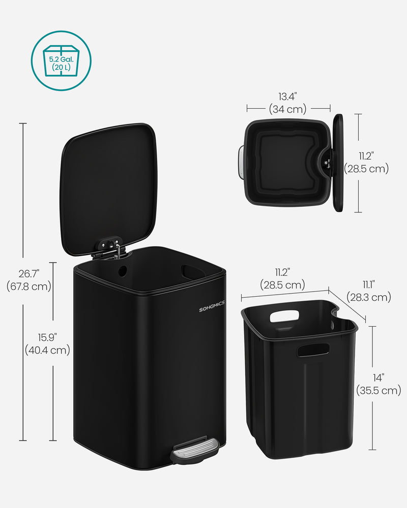 20L Black Steel Kitchen Pedal Bin with Removable Inner Bucket for Rubbish by Songmics