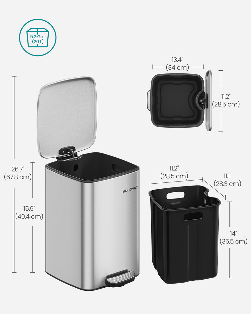 20L Steel Kitchen Bin with Removable Inner Bucket in Metallic Silver by Songmics