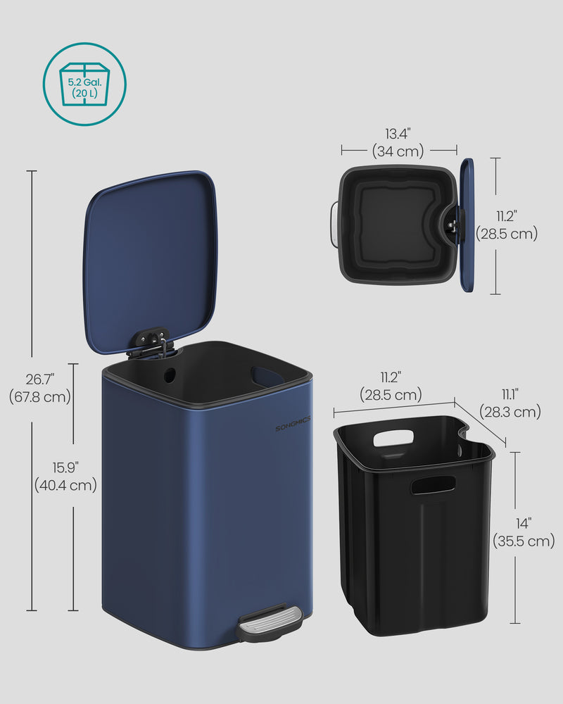 5.2 Gallon 20L Midnight Blue Pedal Bin with Soft Close Lid for Kitchen or Bathroom by Songmics