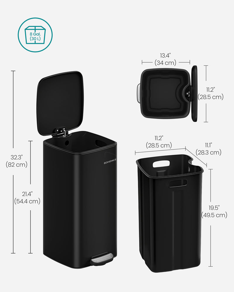 30L Black Steel Pedal Bin with Removable Inner Bucket for Kitchen Waste by Songmics