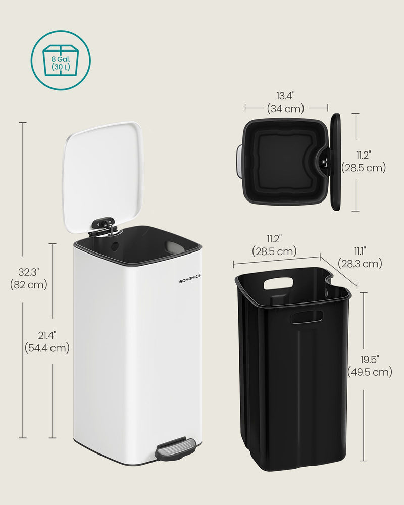 30 Litre Steel Kitchen Bin in Cloud White with Removable Inner Bucket by Songmics