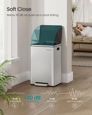 50L Stainless Steel Kitchen Bin with 15 Free Bin Bags for Rubbish Waste Silver by Songmics