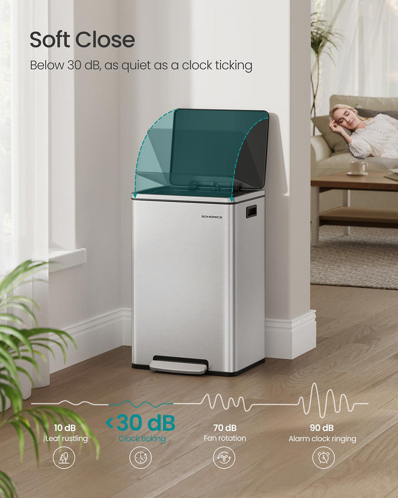 50L Stainless Steel Kitchen Bin with 15 Free Bin Bags for Rubbish Waste Silver by Songmics