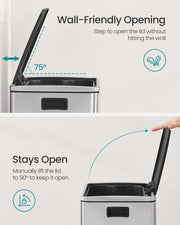 50L Stainless Steel Kitchen Bin with 15 Free Bin Bags for Rubbish Waste Silver by Songmics