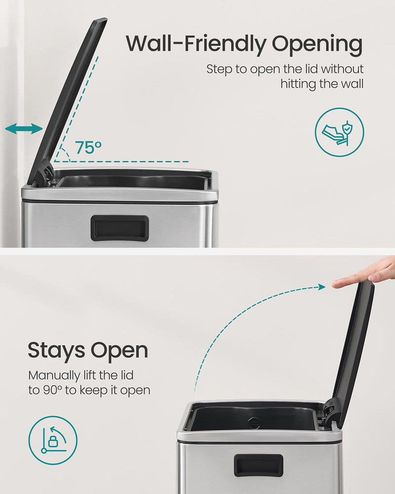 50L Stainless Steel Kitchen Bin with 15 Free Bin Bags for Rubbish Waste Silver by Songmics