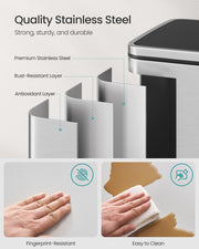 50L Stainless Steel Kitchen Bin with 15 Free Bin Bags for Rubbish Waste Silver by Songmics