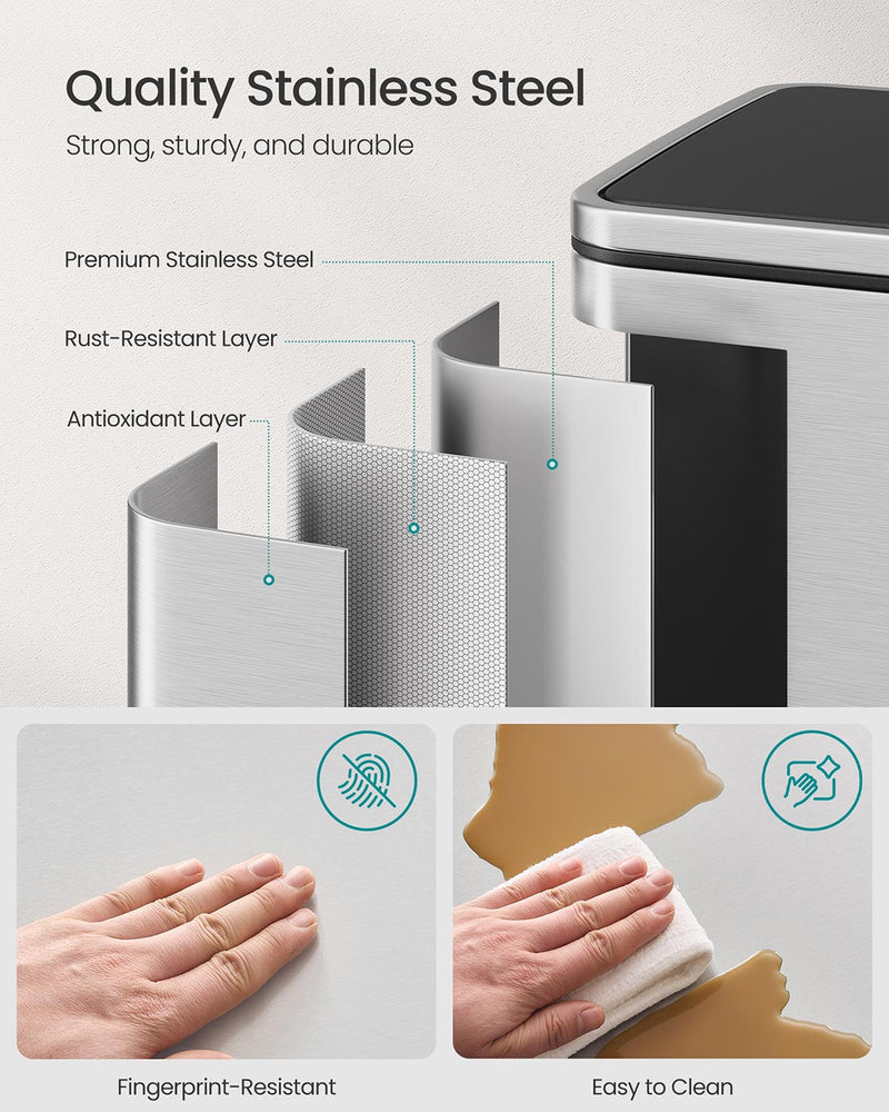 50L Stainless Steel Kitchen Bin with 15 Free Bin Bags for Rubbish Waste Silver by Songmics