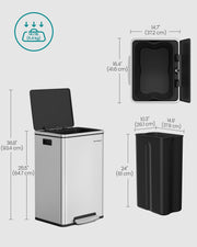 50L Stainless Steel Kitchen Bin with 15 Free Bin Bags for Rubbish Waste Silver by Songmics